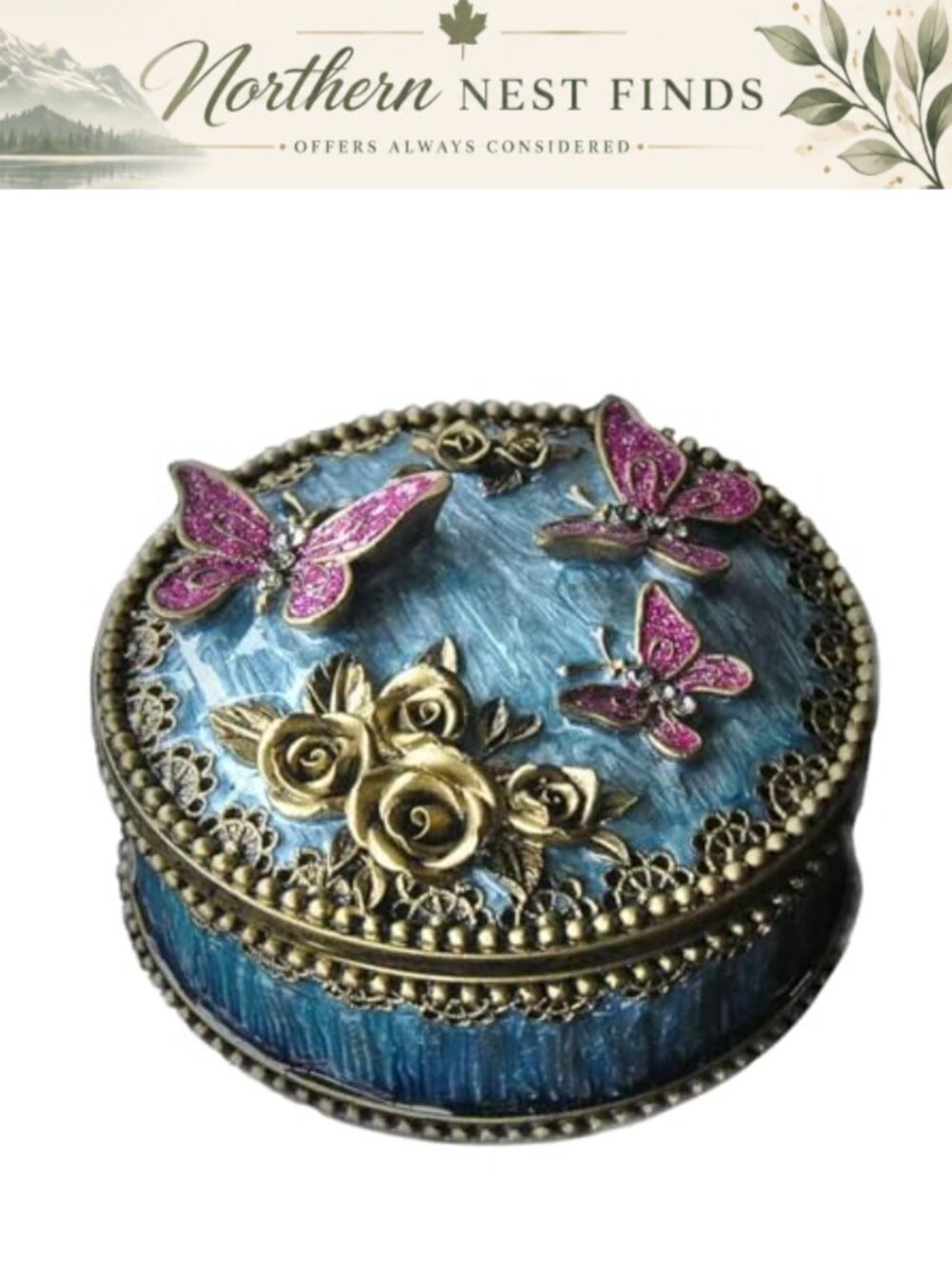 Metal Jewelry Box Oval Trinket Ring Case Rose Pattern Keepsake Storage